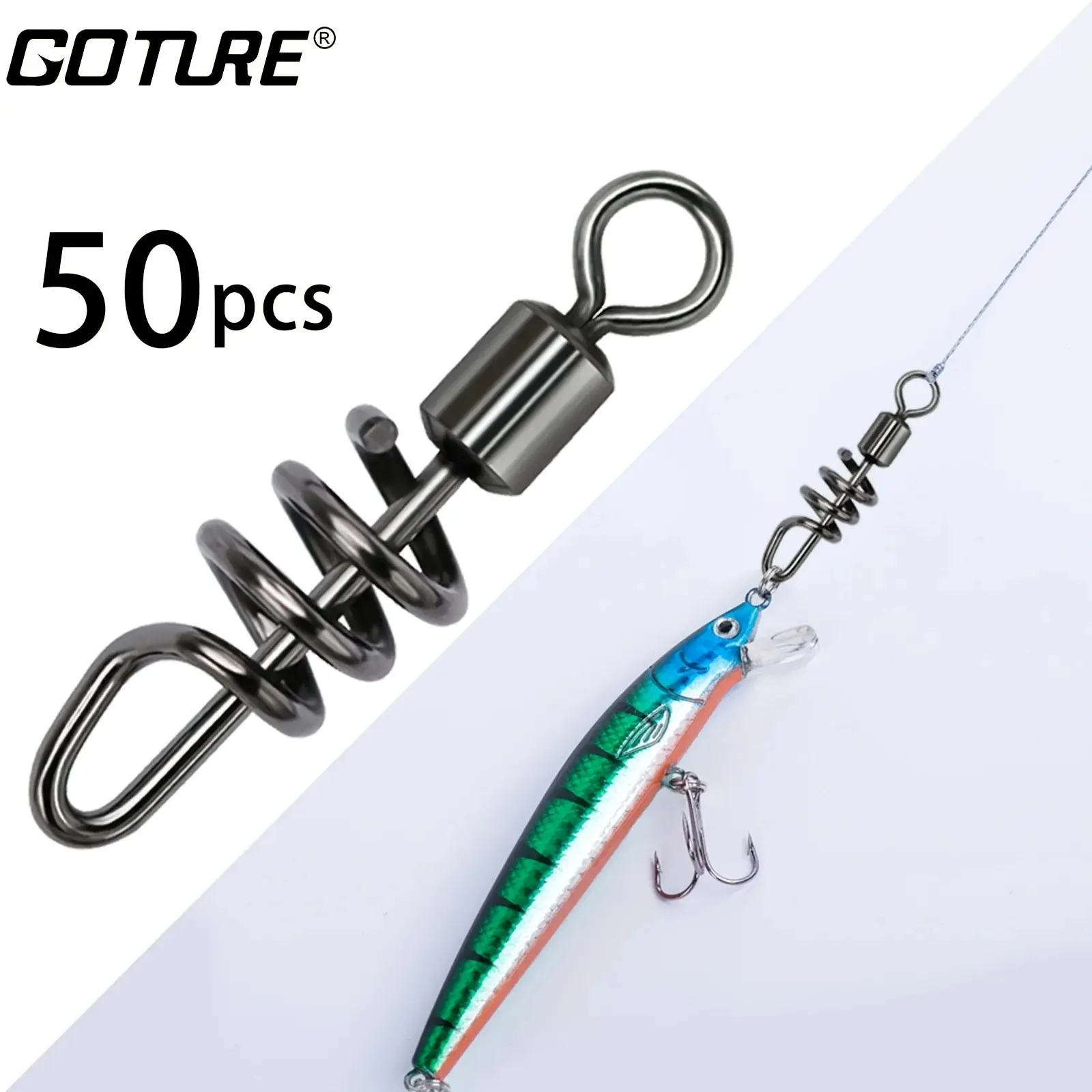 Goture 50pcs 낚시 배럴 회전 스냅 바닷물 민물 유인을위한 고강도 스테인레스 스틸 코르크 나사 회전