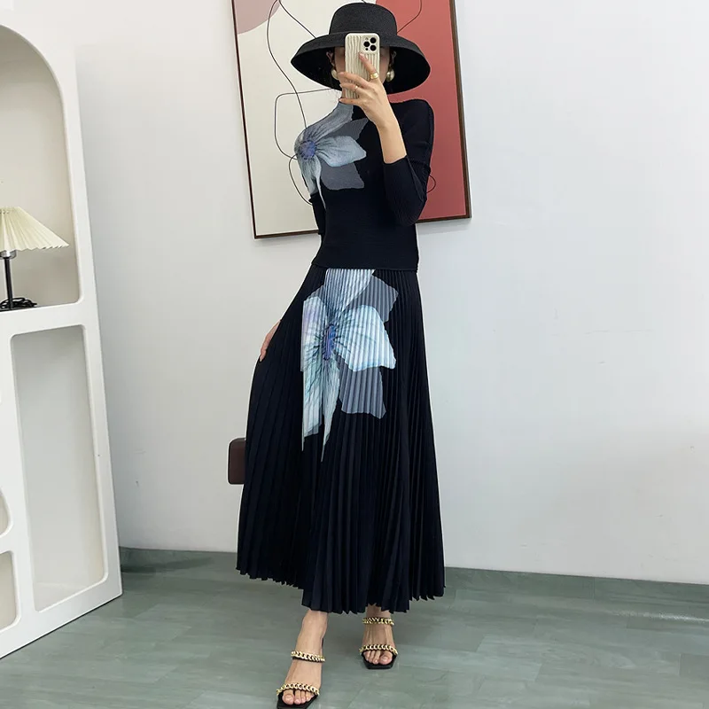 Clothes Fashion Pleated Suit Women's Print Slim Top Long Sleeve Pleated Skirt Two-piece Set  roupas femininas  clothes for women