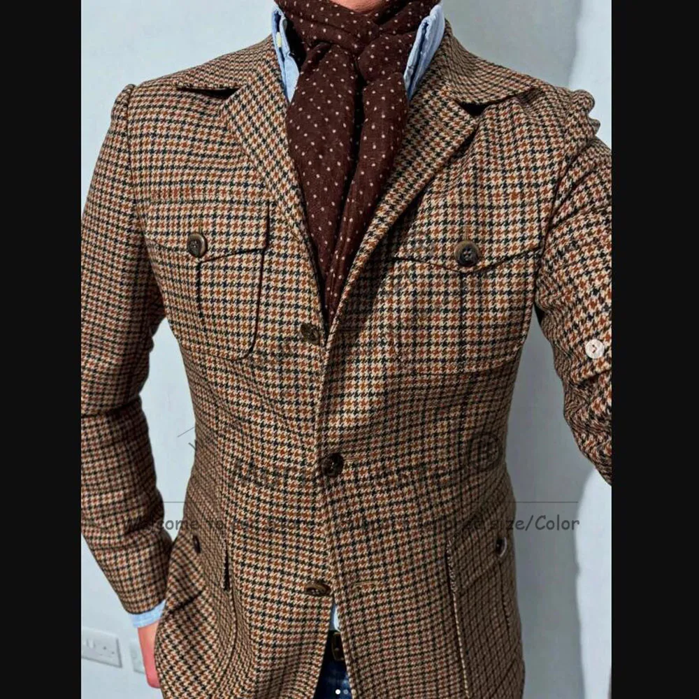 Vintage houndstooth terno masculino jaquetas 1 peça único breasted tweed trench coat outfits inteligente casual baile de formatura blazer estilo safari