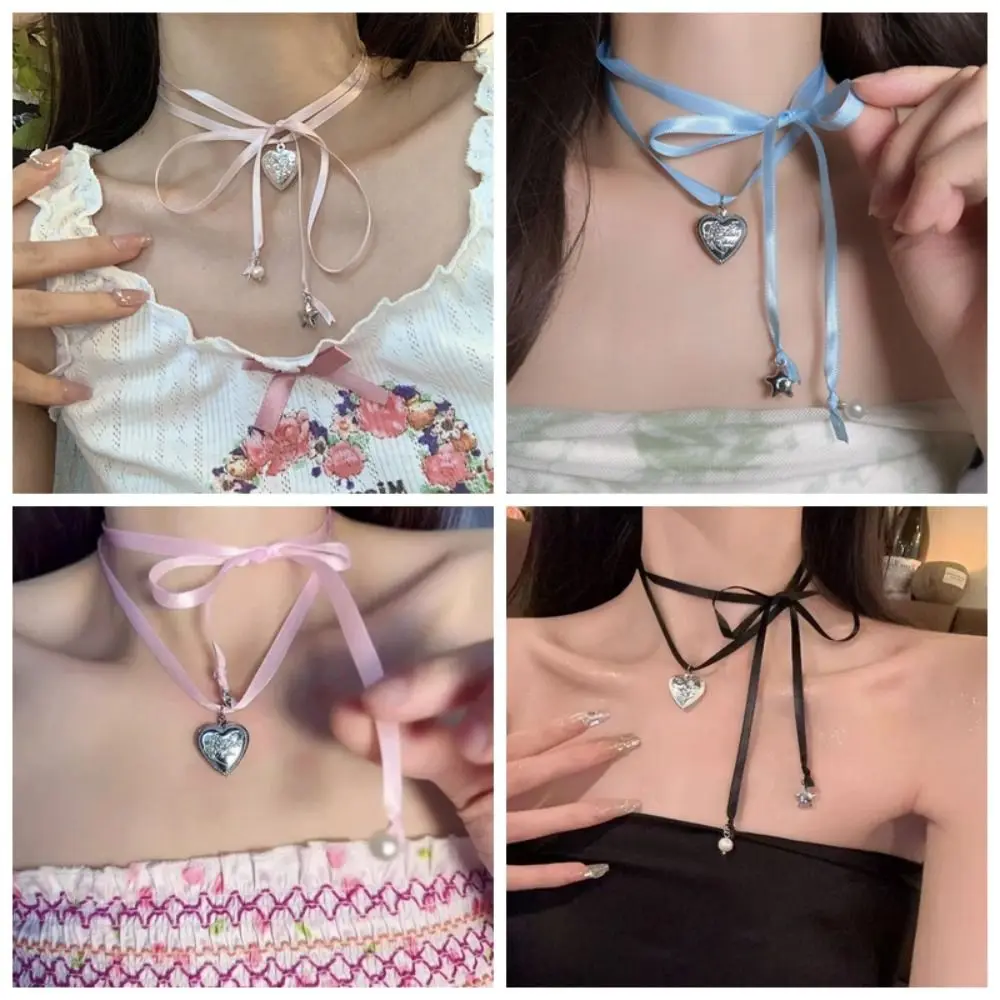 Korean Style Balletcore Style Ribbon Necklace Pearl Small Photo Frame Love Pendant Clavicle Chain Star Jewelry Accessories