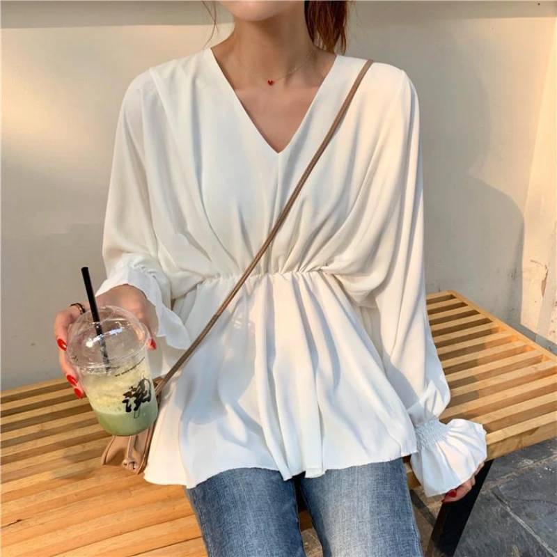 Blouses Women Spring Korean Style Loose Simple V-neck Elegant Solid All-match Popular Aesthetic Sexy Female Chic Gentle Comfort