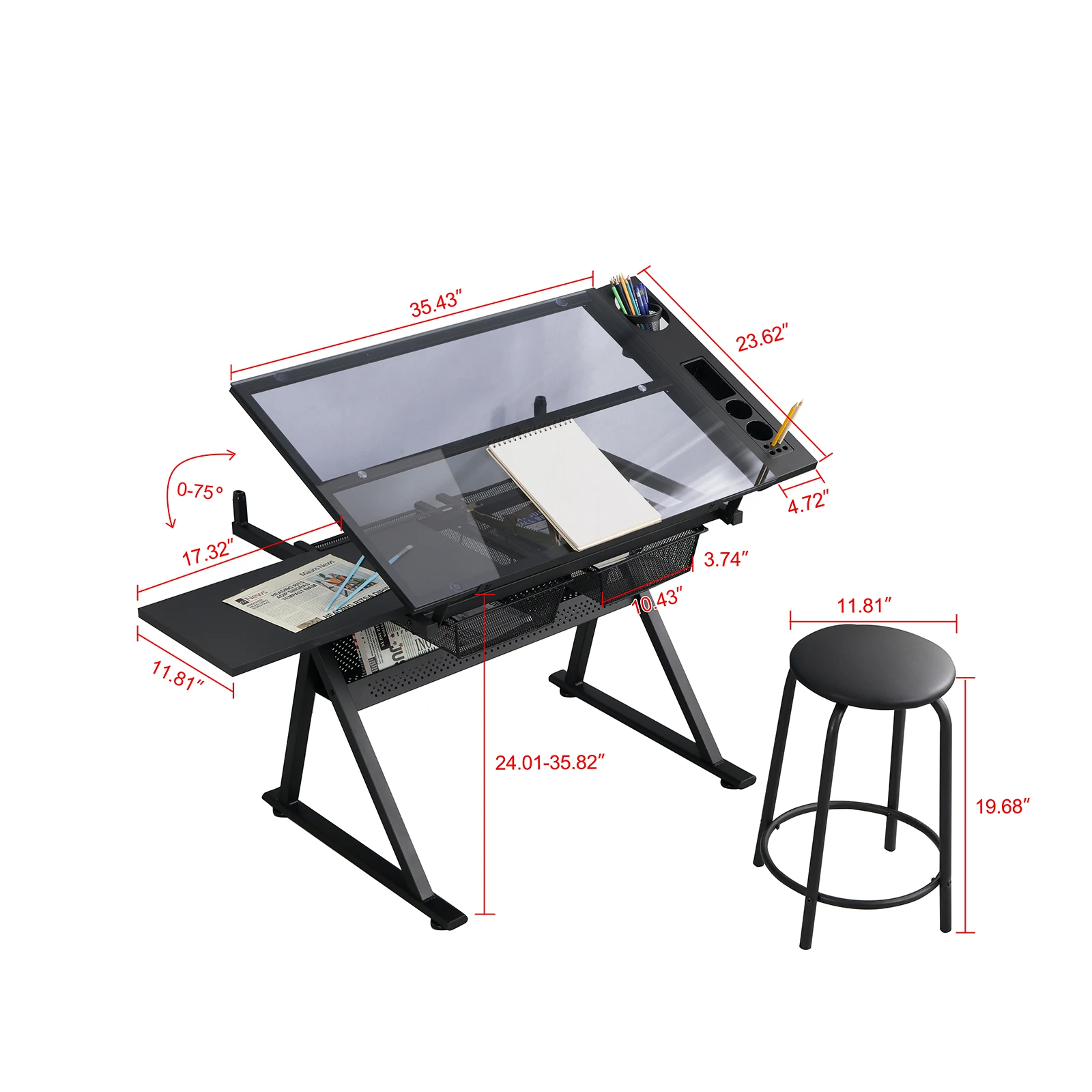 高さ調節可能なガラストップドラフティングテーブル、収納引き出しとスツール付き47.2-55.1x23.6x27.4-35.8インチ黒 [米国在庫]