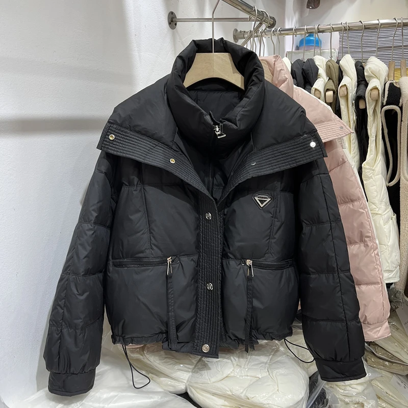 Winter Short Hooded Puffer Coat Glossy 90% White Duck Down Coat Stand-up Collar Warm Down Parkas Casual Puffer Jacket