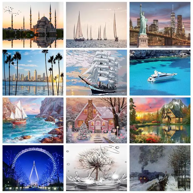 

CHENISTORY Square Round Diamond Painting Frame Landscape Sailboat Handicrafts Diamond Embroidery Gift For Adults Kids Wall Art