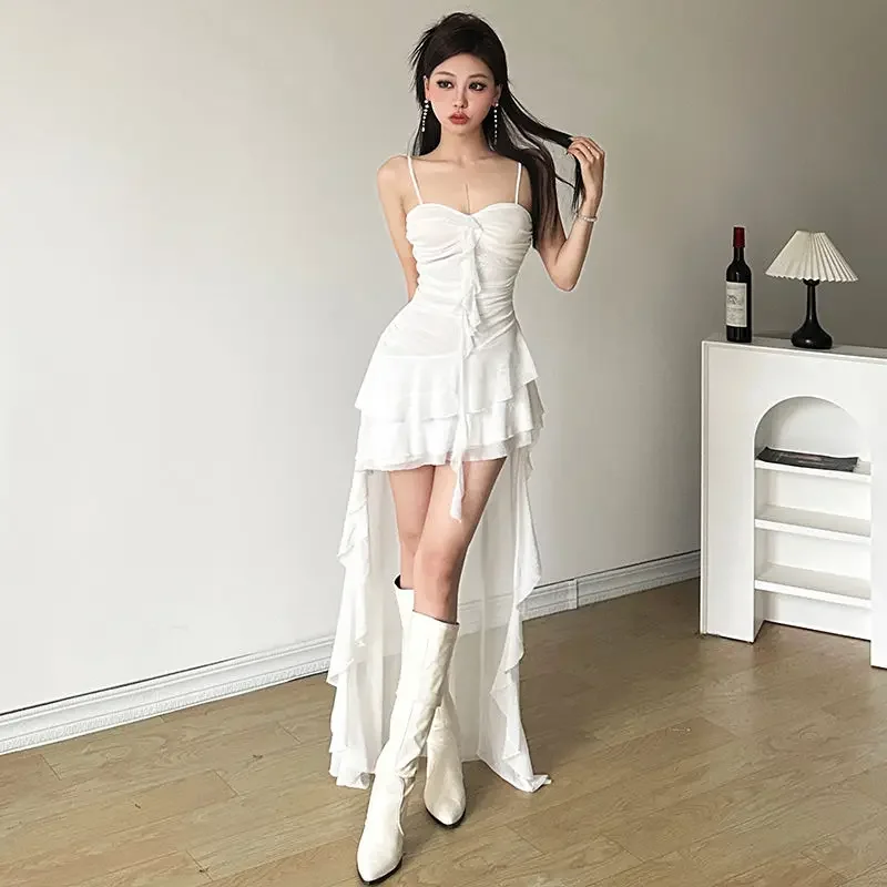 Sexy Ruffle Mesh Dresses Women Sleeveless Black Prom Dress White Aesthetics Clothing Sweet  Asymmetrical Summer Dress