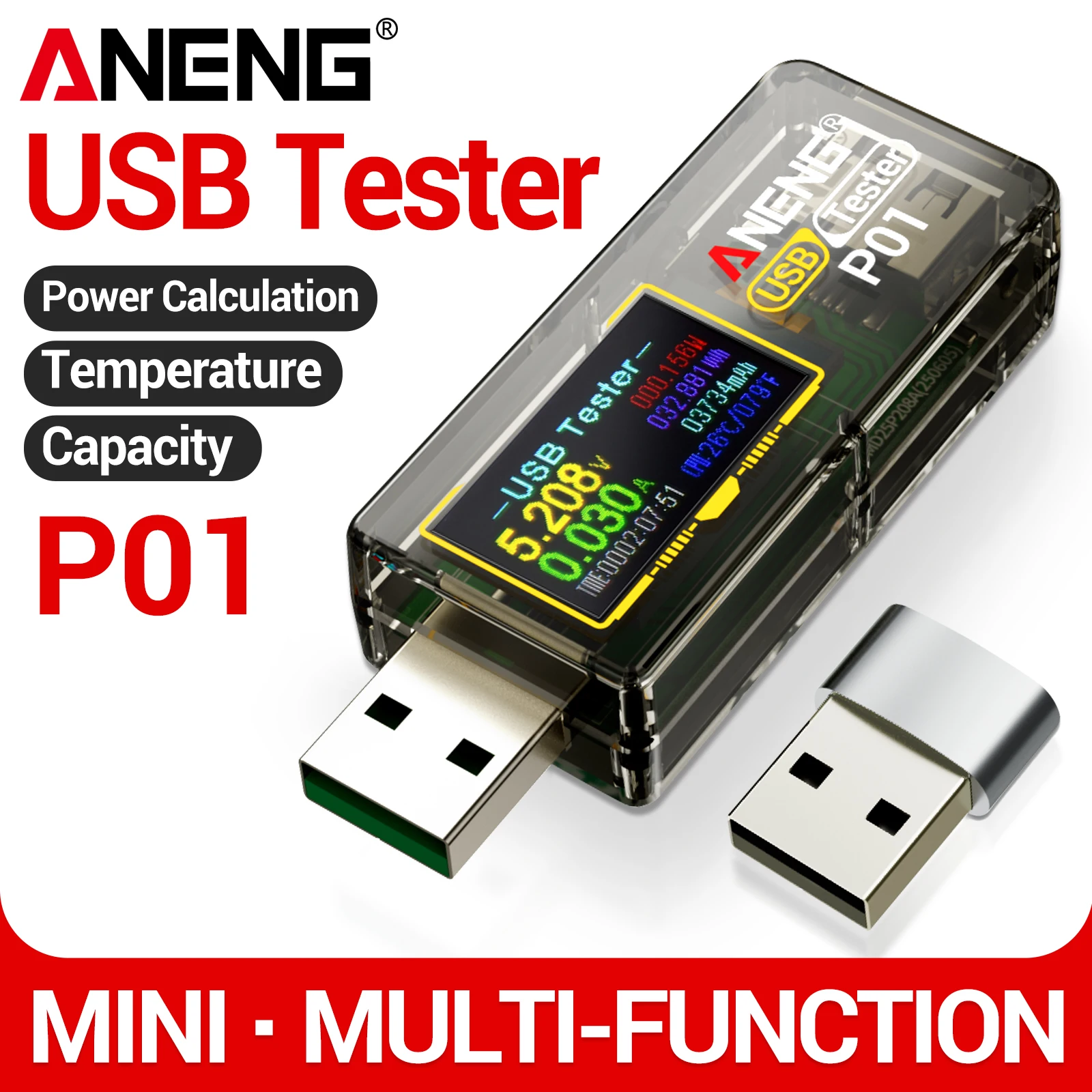 ANENG P01 USB Tester Digital Voltage Current Power Meter 4V‑30V With Temperature Detection Power‑Off Memory No Battery Required