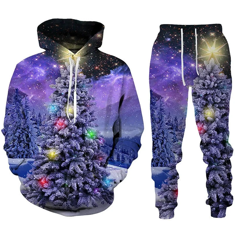 

Рождественский мужской костюм, толстовка с 3D принтом рождественской елки, комплект из 2 предметов, женская толстовка с капюшоном и длинными рукавами, праздничный спортивный костюм, наряды