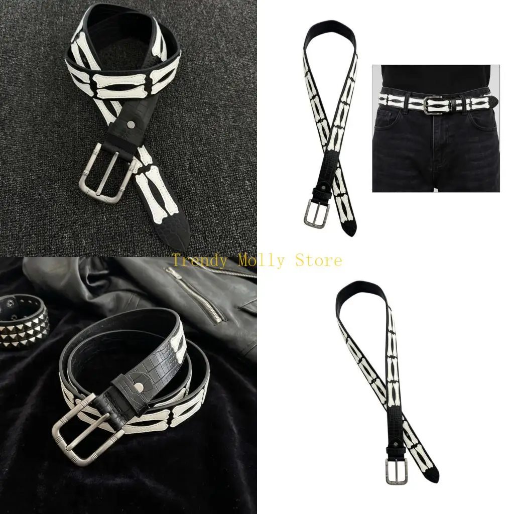 

N5KB Trendy Unisex Belt With Cool Metal Buckles And Unique Skeleton Pattern PU Leather