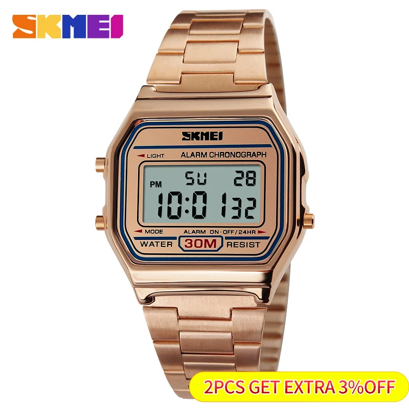 SKMEI 1123 Fashion Men Stainless Steel Strap LED Display Watches 3Bar Waterproof Digital Watch reloj hombre for Casual Sport