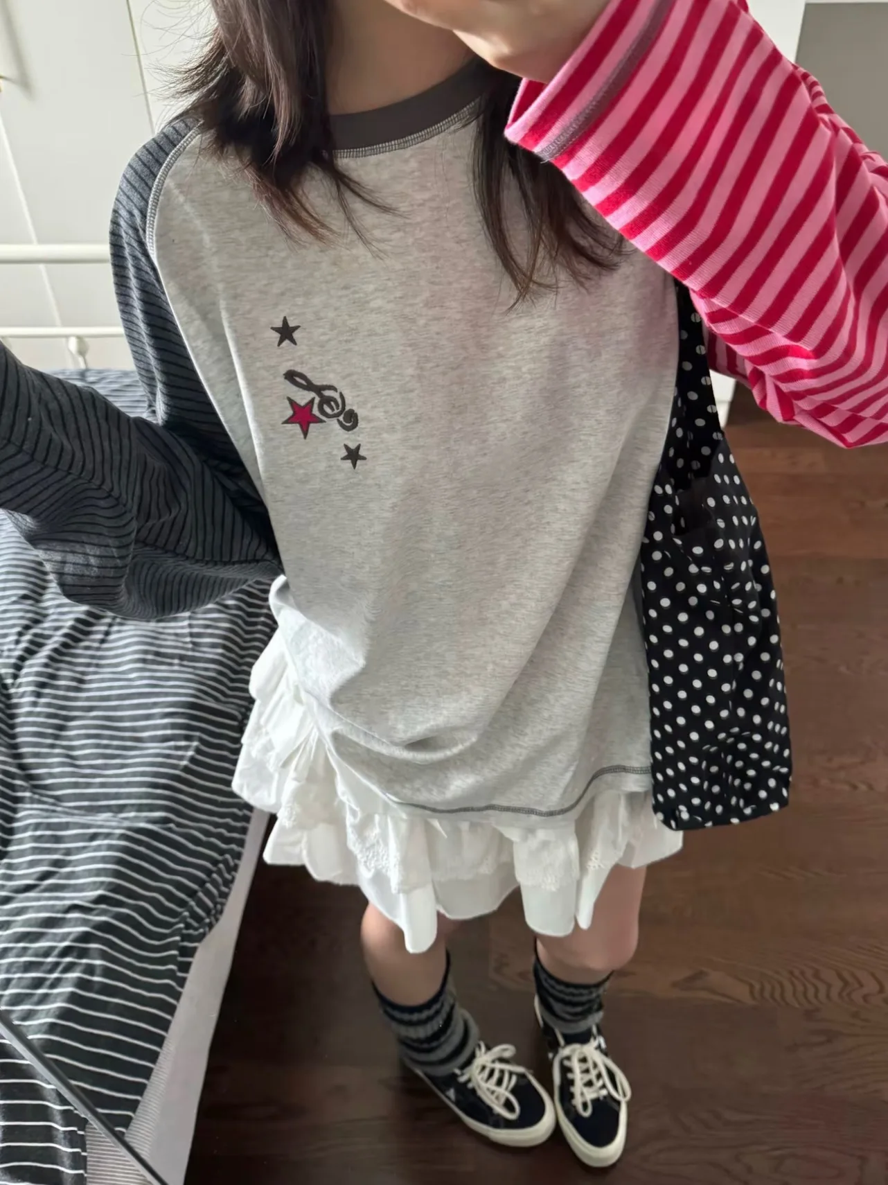 Retro American Color Block Note Star Striped Long Sleeve Women's T-shirt Loose Design Autumn New Style Top Fashion Ladies' Pr...