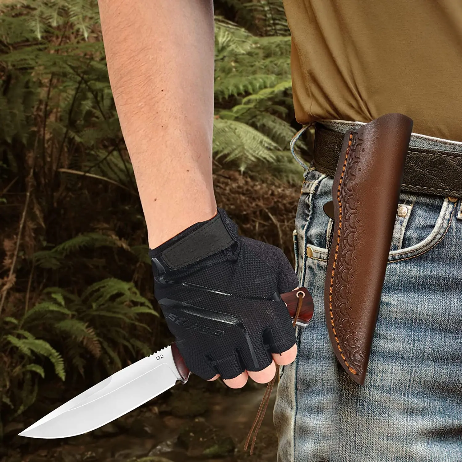 Topwell Handmade Knife D2 Steel Fixed Blade Full Tang Dalbergia Handle Leather Sheath Professional Hunting Bowie Fish EDC Knife