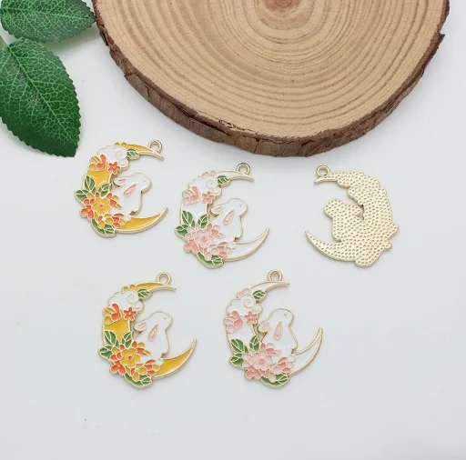 10 Pcs  Moon Rabbit Charms Jewelry Making keychain Pendants Necklaces Bracelets DIY Accessories