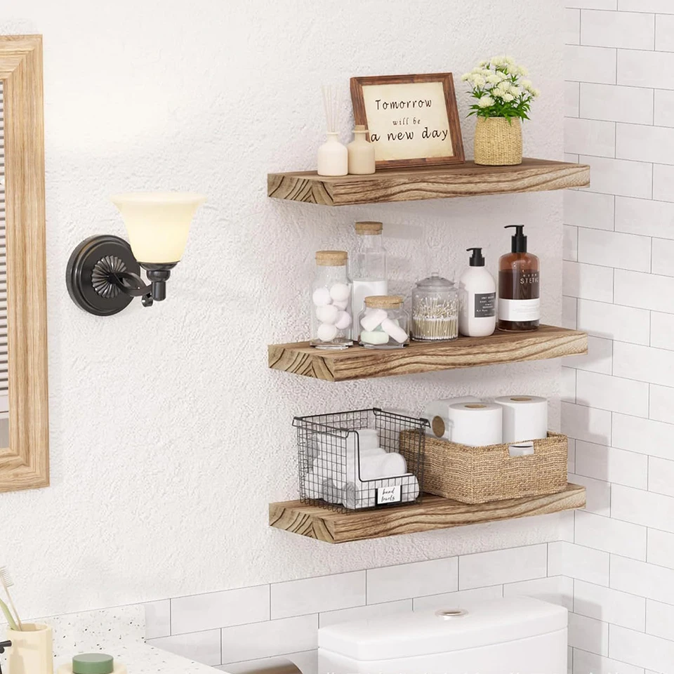 Natural Wood Floating Wall Shelves 3 Pack Rustic Decor