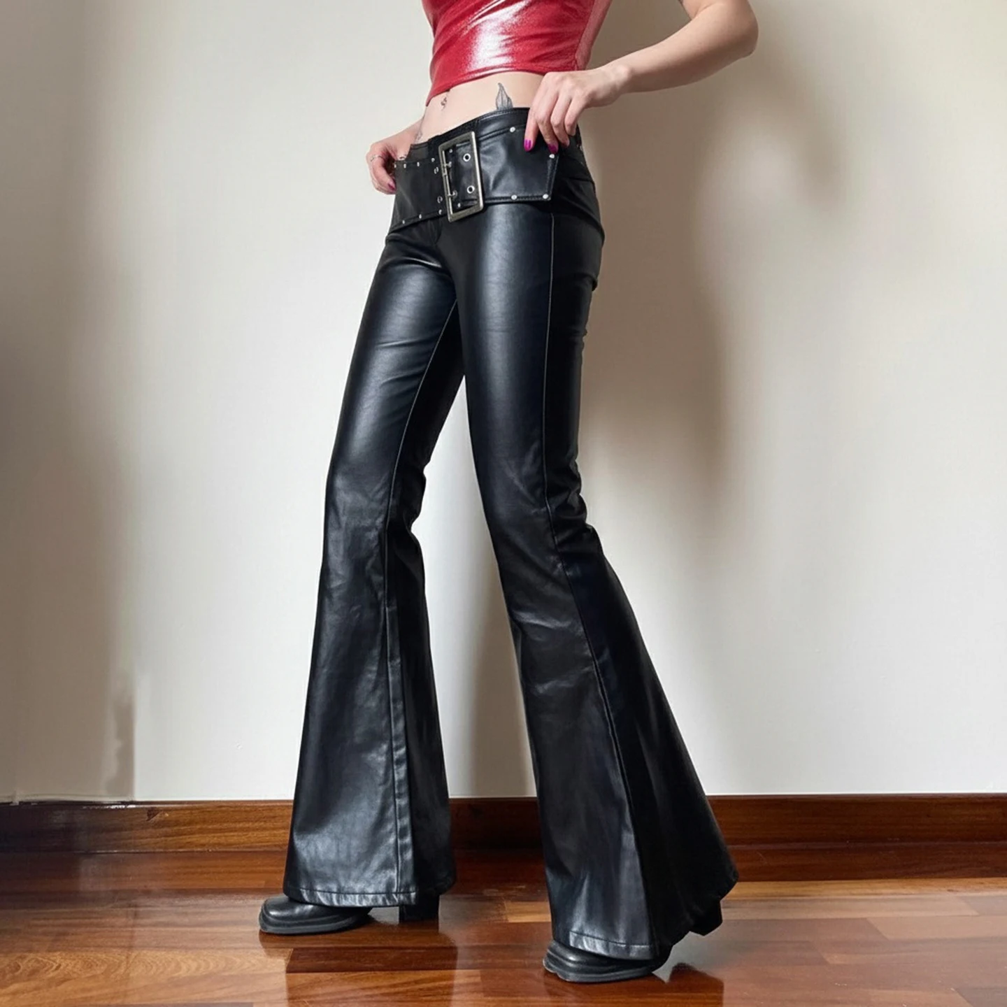 Dark Solid Pu Leather Flare Pants Women Punk Style Slim-Fitting Low-Waisted Pants With Metal Buckle Belt 2026 Fashion Streetwear