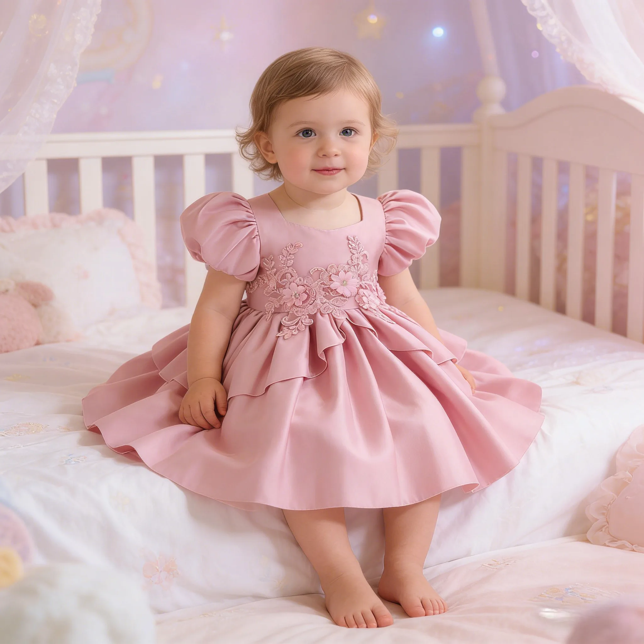 New Children's Evening Dress Flower Applique Puff Sleeves Dress For Baby Girls Baptism Birthday Party Formal Evening Ball Gown