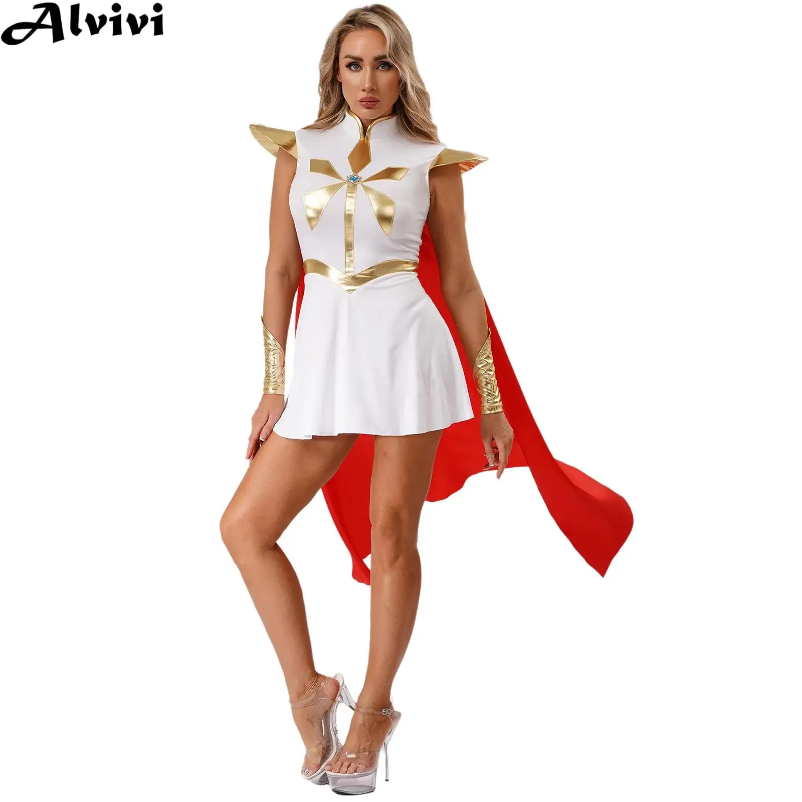 

Женское металлическое блестящее платье принцессы для косплея с короткими рукавами и съемным плащом и манжетами для Хэллоуина, карнавала, тематической вечеринки