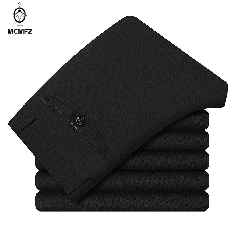 High Stretch Male Dress Suit Pants Durable Linen Textured Woven Fabric Belt Loops Single Back Pocket Office Travel Trousers