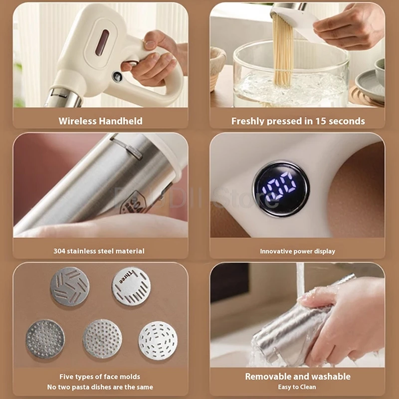 ماكينة صنع المعكرونة اللاسلكية بقدرة 1500 مللي أمبير في الساعة مع 5 قوالب معكرونة يدوية ماكينة صنع المعكرونة الأوتوماتيكية للمطبخ المنزلي سهلة صنع المعكرونة