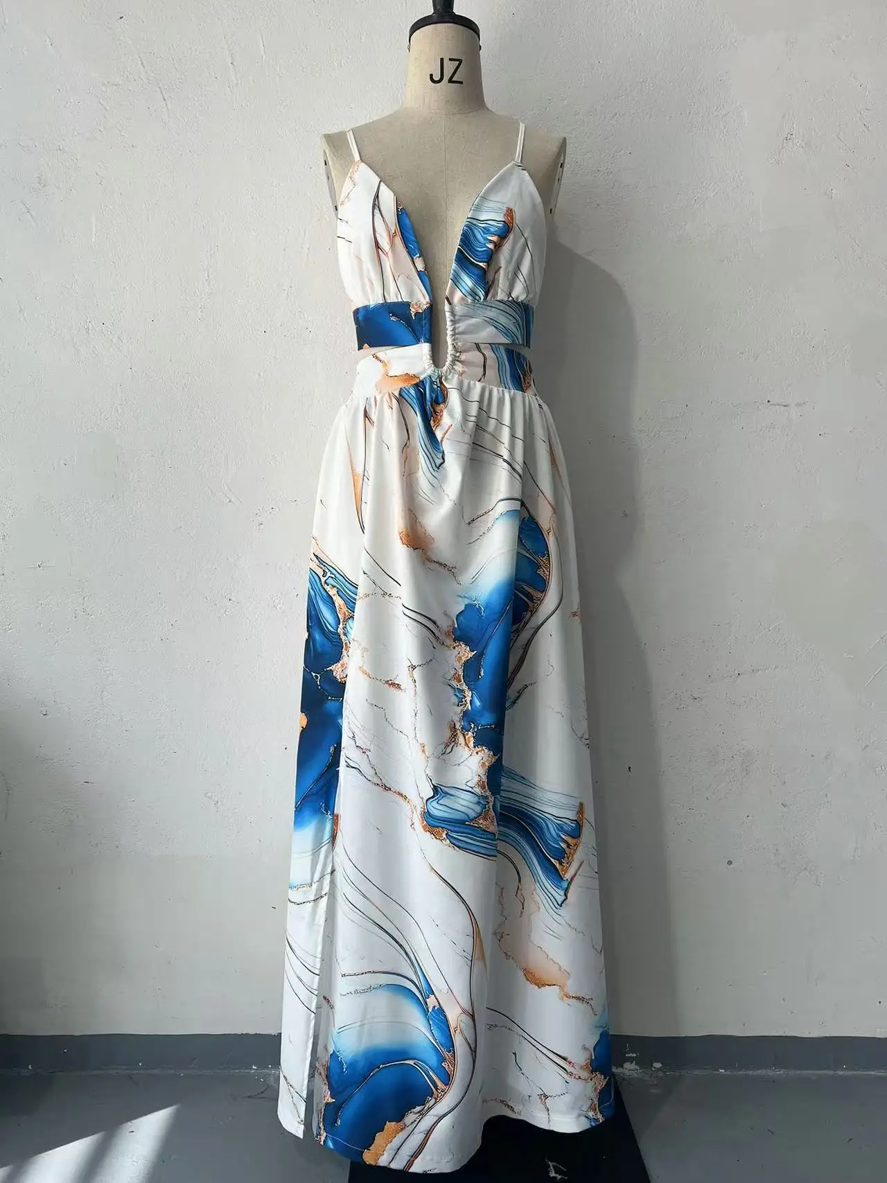 Dress Women Floor Length Dresses Long V Neck Sleeveless Sexy Print Elegant Maxi Hollow Out High Waist Party Beach Vestidos