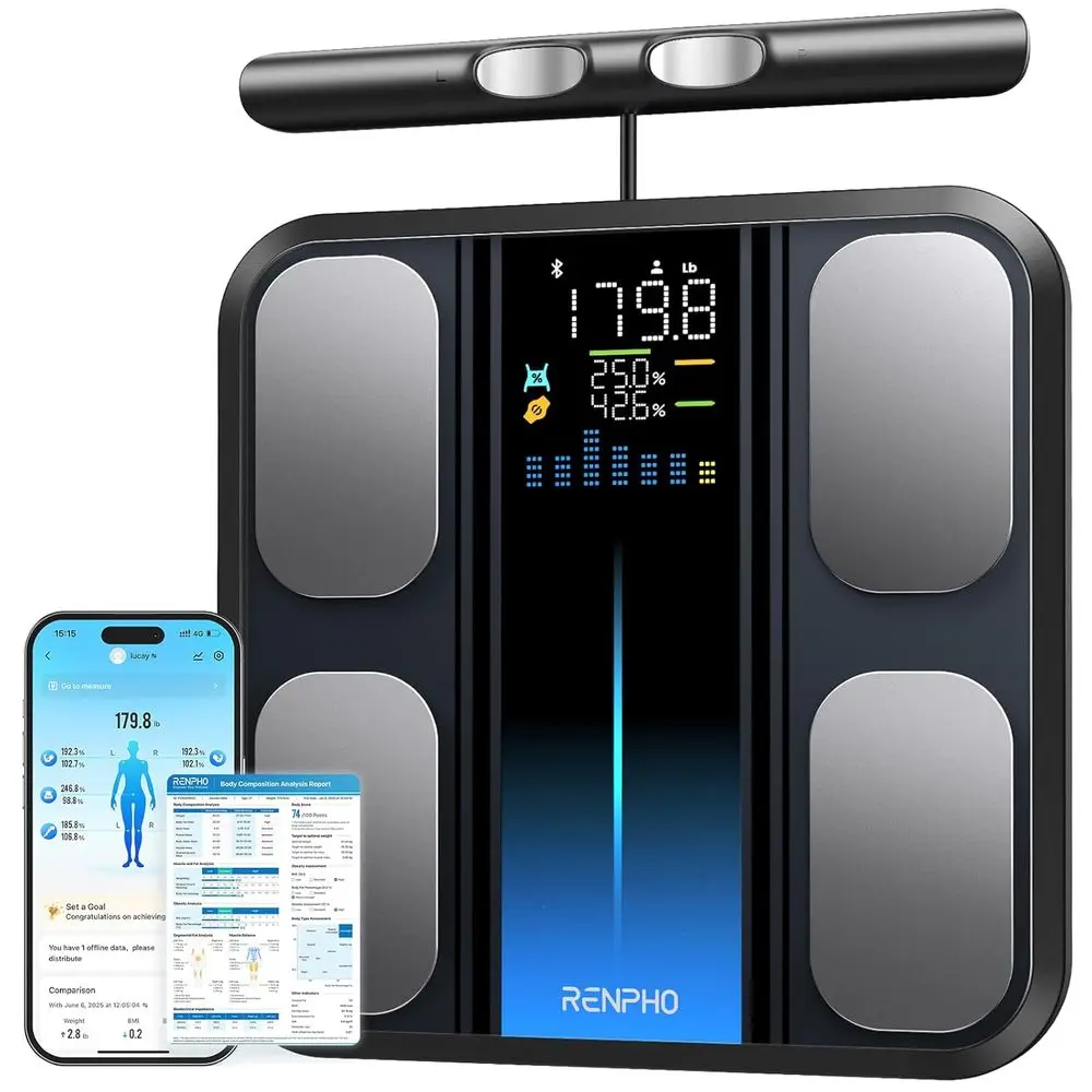 

Smart Scale with 8 Electrodes, Body Analyzer, BMI, Body Fat, Muscle Mass, High Precision, 400lbs