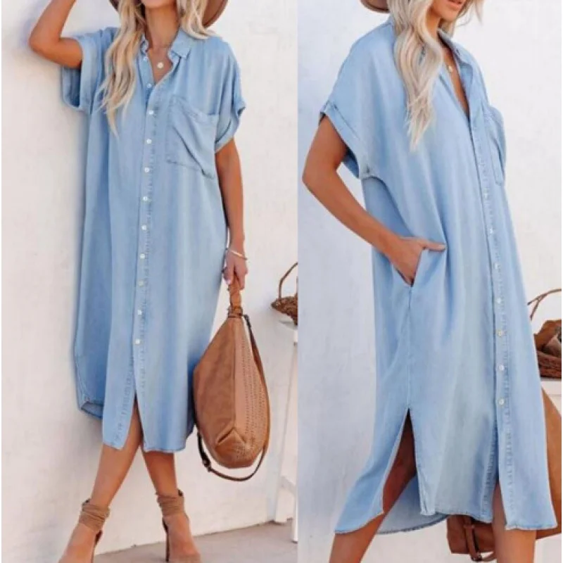 

Denim Short Sleeve Dress, Mid-Length Split Shirt, Monochromatic, New Fashion