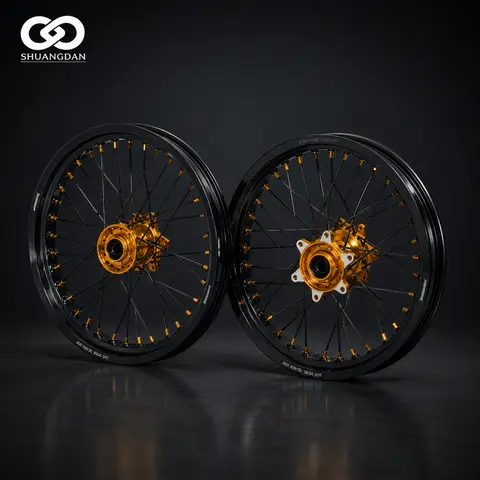 New 17" Supermoto Wheels for Sur-Ron Ultra Bee 17x2.5/3.5 Black Gold CNC Hub 36 Spoke Wheel Set (No Tires)