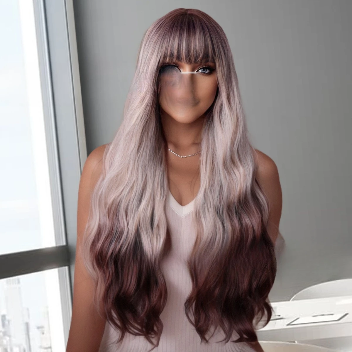 

Europe and the United States, the new wig gradual change Qi bangs gray and coffee brown wavy roll high temperature chemical fibe
