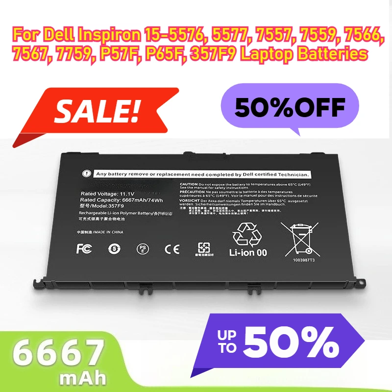 

For Dell Inspiron 15-5576, 5577, 7557, 7559, 7566, 7567, 7759, P57F, P65F, 357F9 Laptop Batteries