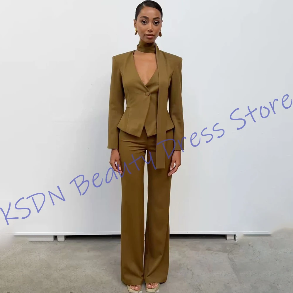 Elegant Camel Brown Women's 2-Piece Suit Slim Fit Single Button Short Jacket+Pants Set Formal Casual Outfit Daily Office Wear