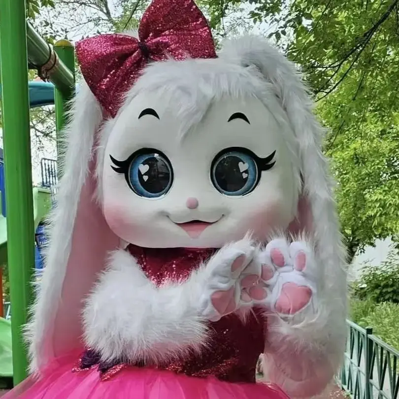 

Adult Pink Easter Bunny Costume with White Rabbit Mascot Design Halloween Fancy Fursuit Performance Show Dress for Men And Women
