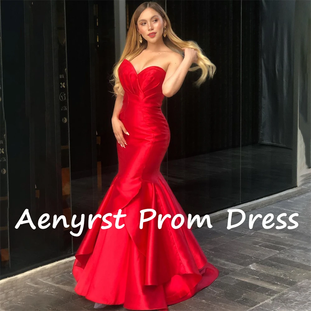 Aenyrst Sexy Red customized Mermaid Evening Dresses Satin Pleat Prom Gowns Floor Length Christmas Party Dress Long فساتين السهرة