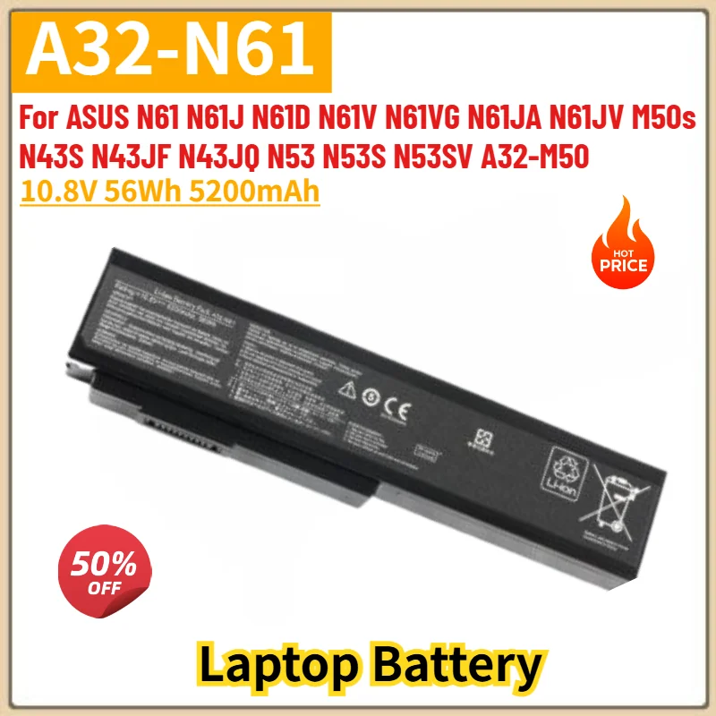 A32-N61 Laptop Battery 10.8V 56Wh 5200mAh for ASUS N53 N53S N53SV N43S N43JF N61 N61J N61D N61V N61VG N61JA Replacement Battery