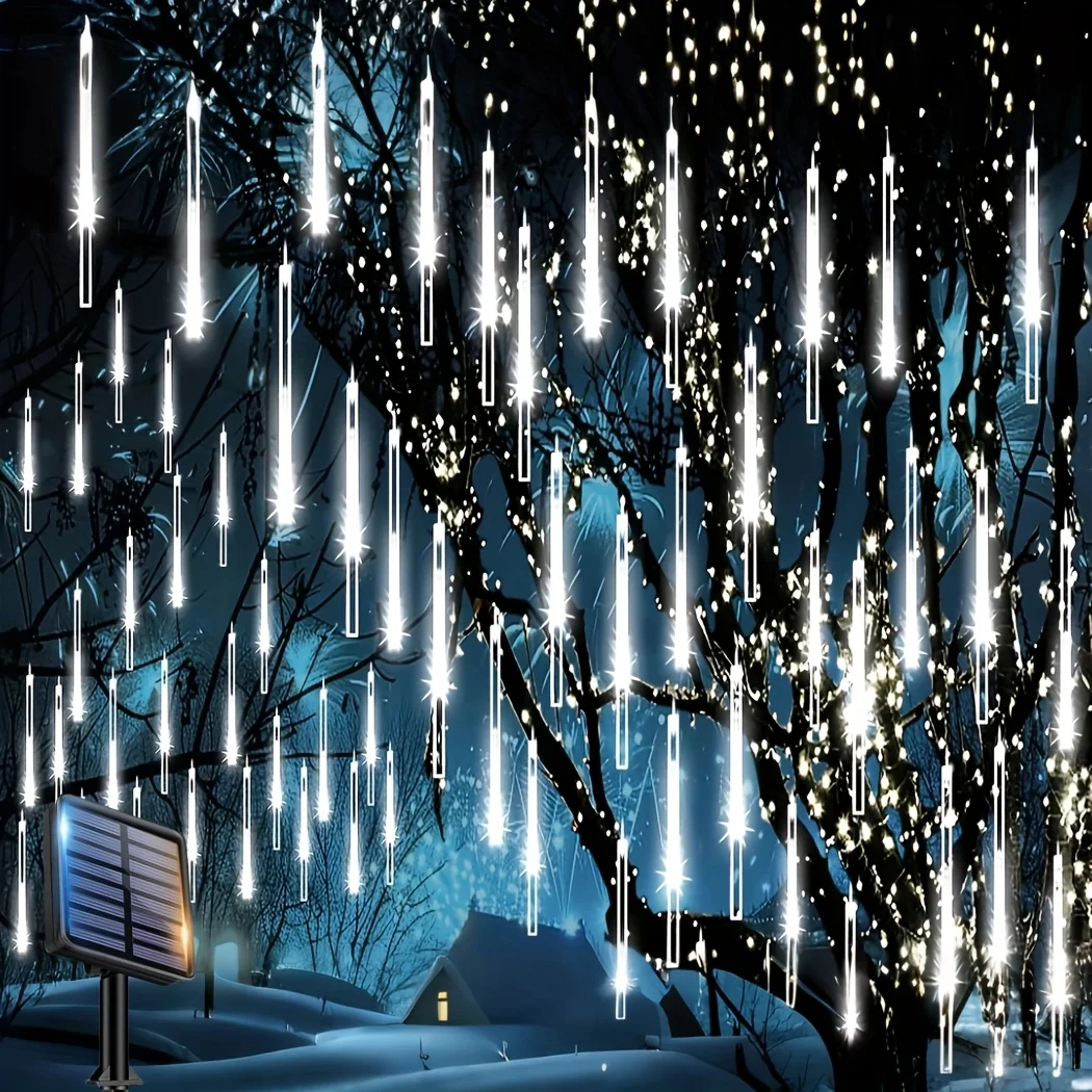 

1pc 192LED Solar Meteor Shower Light Falling Rain Drop Christmas Light With 8pc Tube for Landscape Trees Garden Courtyard Party