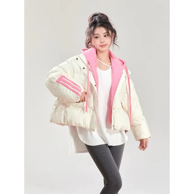 Female Casual Loose Down Jacket 90 White Duck Down Thickened Fake Two-Piece Jacket Warm Bread Clothing, Buttons, Fall and Winter