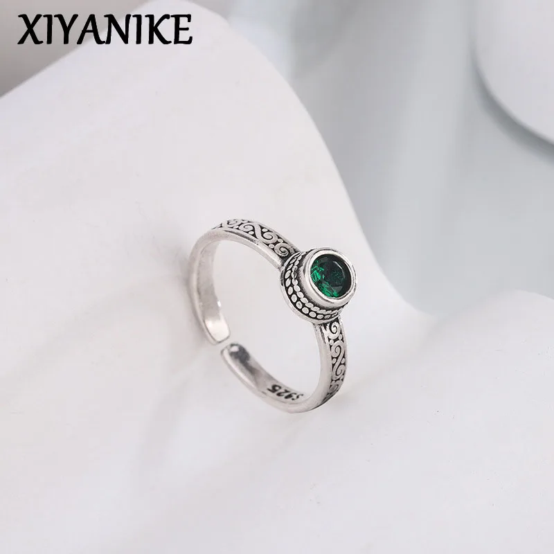 XIYANIKE Vintage Tajski Srebrny Pierścionek Otwarty z Zielonym Cyrkoniem dla Kobiet Dziewczyn Nowa Modna Biżuteria Prezent na Imprezę кольцо же