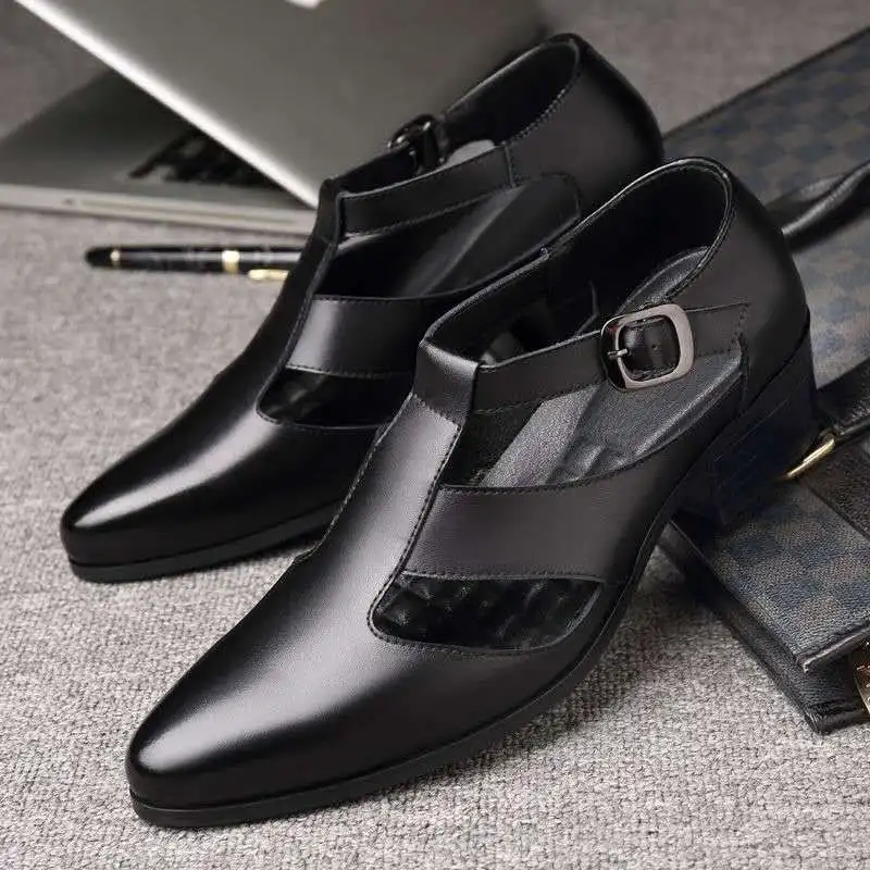 Mens Genuine Leather High Heel Dress Sandals Daily Business Office Work Sandals Trendy Hollow Pointed Toe Buckle Sandals204