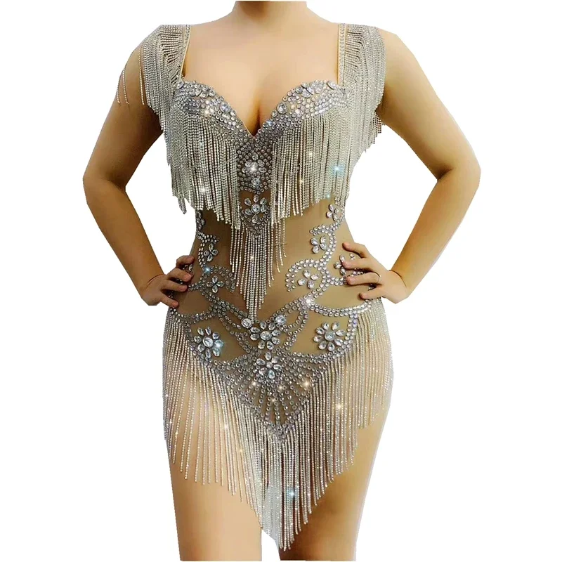 Singer Dancer Stage Performance Wear argento strass frange cristalli tuta Sexy Mesh trasparente Party Show Costume da ballo