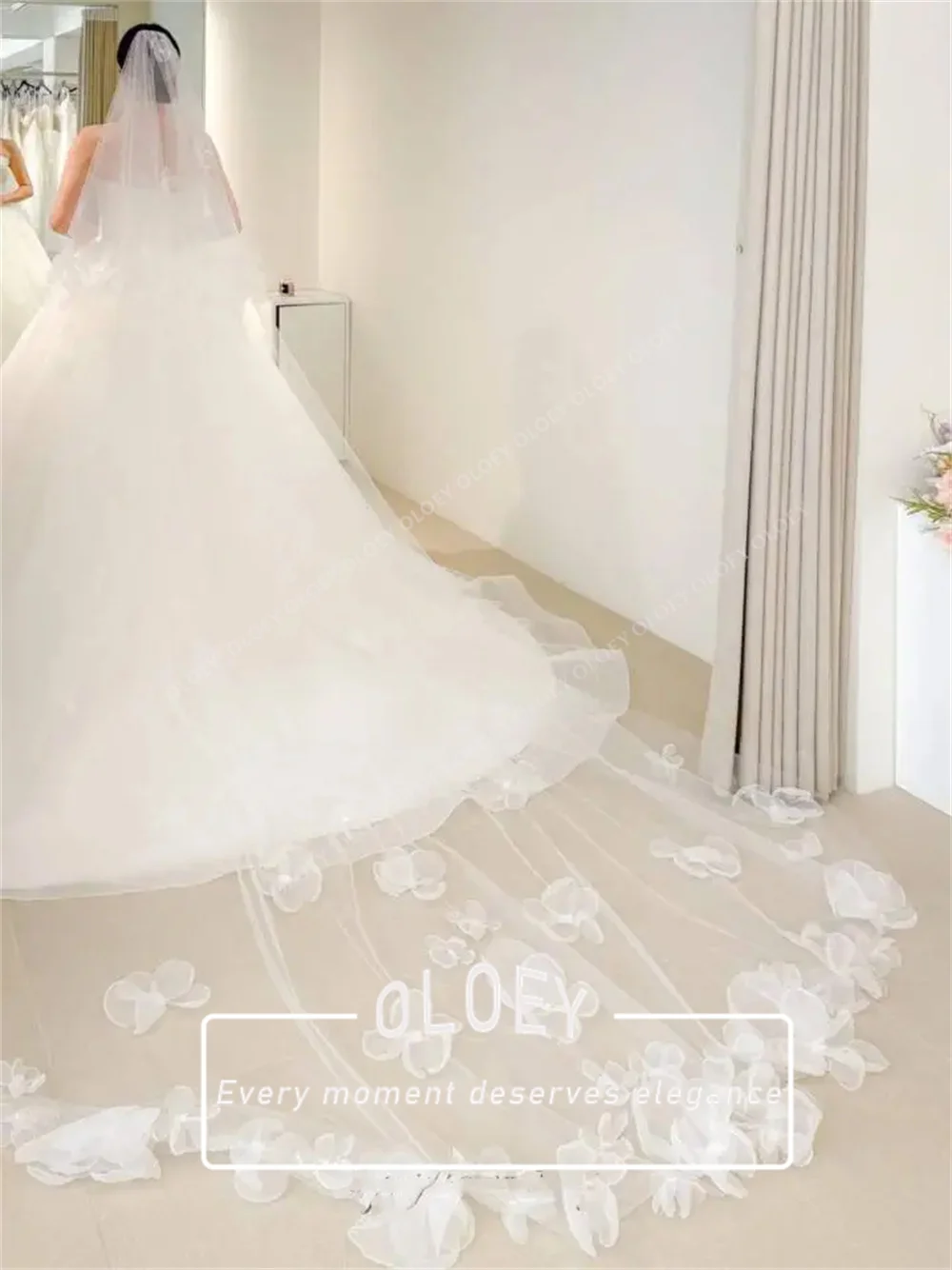 OLOEY 3D Flowers Cathedral Veil Korea Customized Applique Two Layer Soft Tulle Long Veil Elegant Fixed By Comb