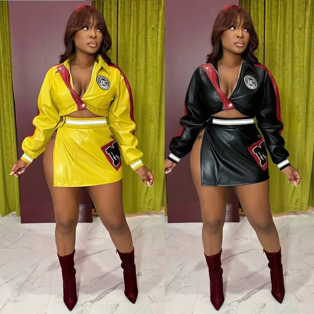 

PU Leather Women 2 Piece Set Motorcycles Girl Crop Jackets Mini Skirts Matching Set 2025 Autumn Winter New Popular Streetwear