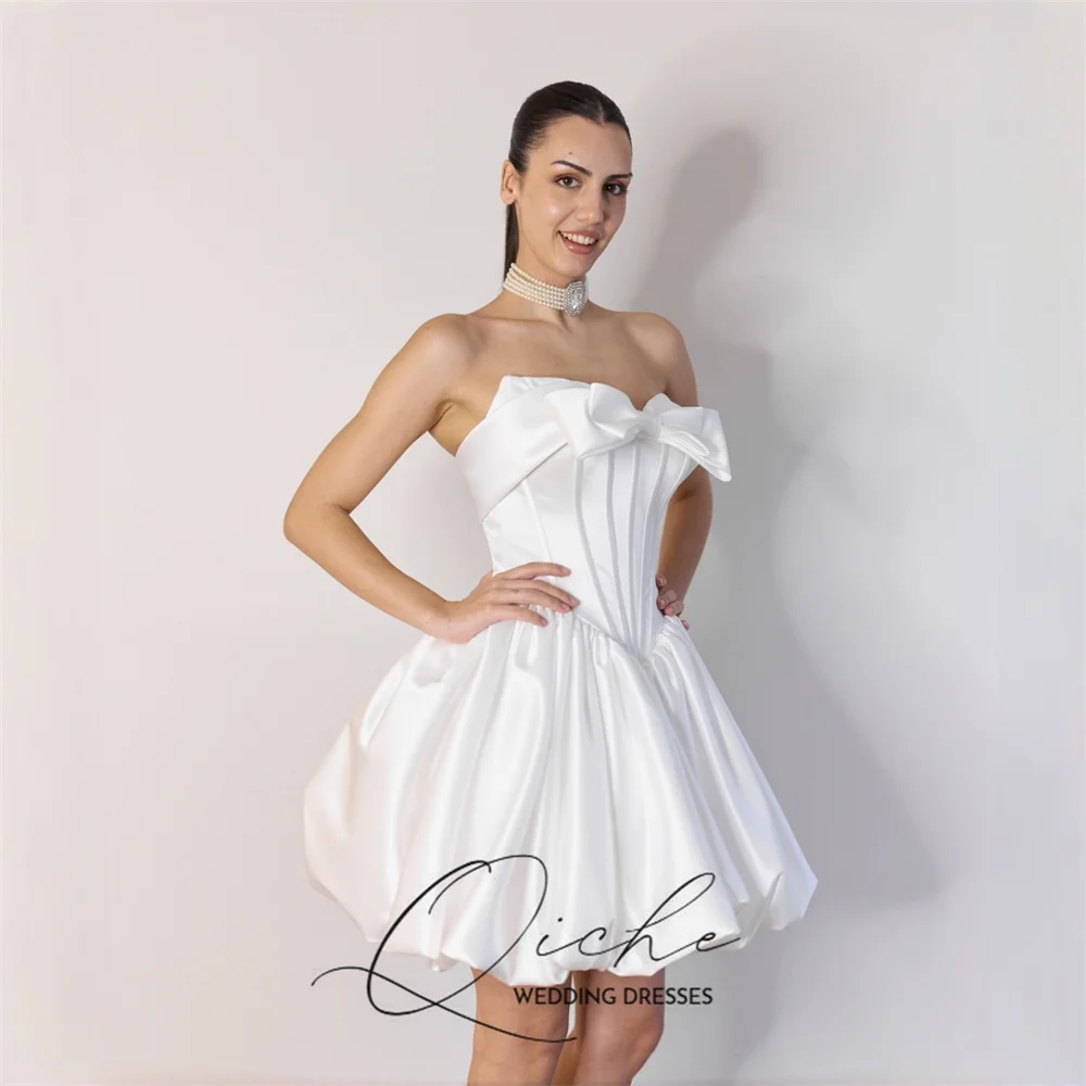 QICHE Elegant Mini Wedding Dresses White Sleeveless Short Satin Bow Wedding Gown Homecoming Beach Bridal Prom Dress Customized