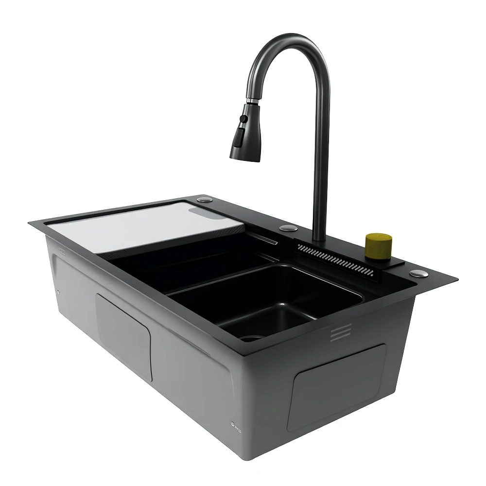 Smart Kitchen Sink with Glass Rinse and Waterfall Faucet - Nano Black 304 Stainless Steel 2025 Trends
