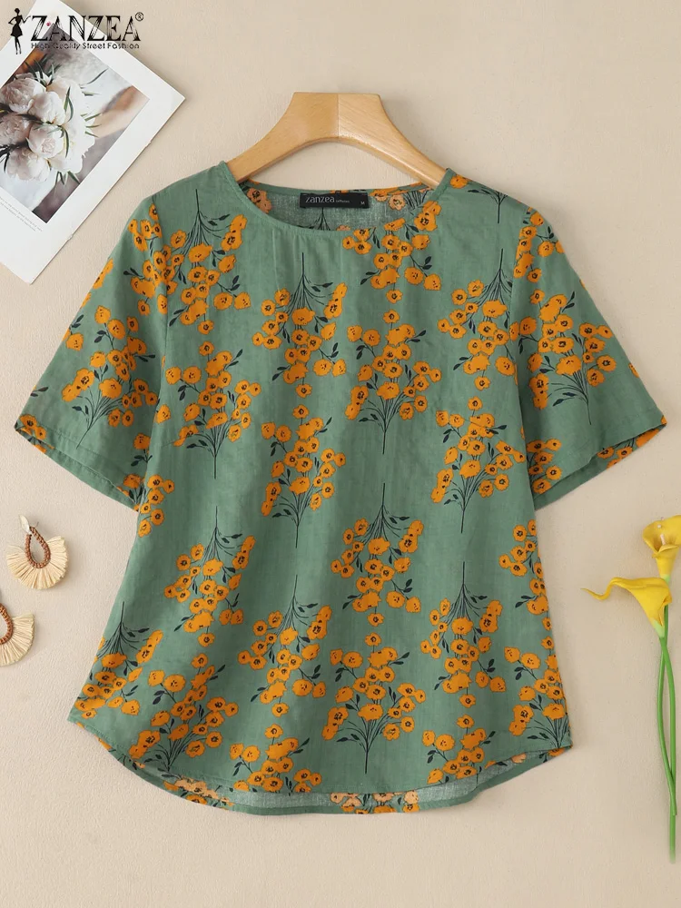 2023 Vintage Sommer Gedruckt Blusen ZANZEA Böhmischen Urlaub Shirts Frauen O Hals Kurzarm Tops Beiläufige Lose Blusas Chemise