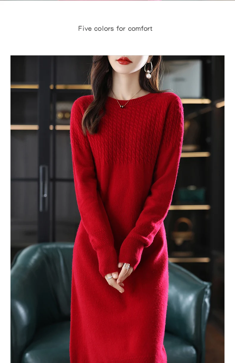 Round Neck Cashmere Dress Women's Long Pullover Sweater Autumn And Winter New Knitted Knee-Length Pure Wool Dress
