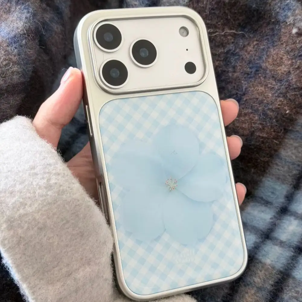 Ins Blue Flower Plaid Striped Y2K Ins Phone Case For Samsung S23 FE S24 Plus S26 Ultra S25 Edge Anti Drop Resin Casting Cover