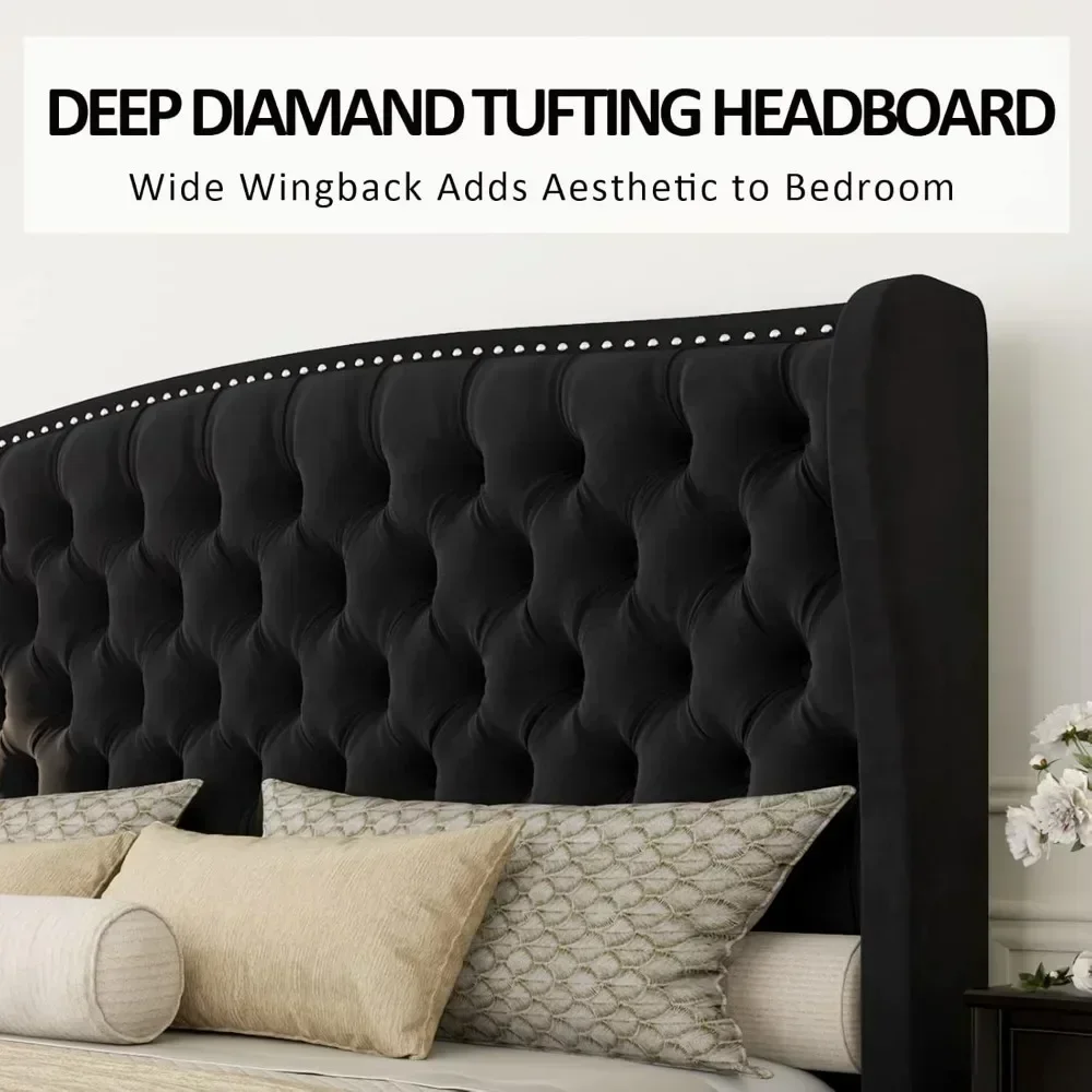 Queen Size Platform Bed Frame,Velvet Upholstered with Deep Button Tufted Nailhead Trim Wingback Headboard Black,Bed Frames - view 3