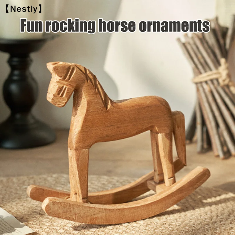 Wooden Crafts Rocking Horse Statue Balance Art Figurines Home Decor Kids Toys Small Horse Hand Carved Gifts  Home Decor〔Nest〕