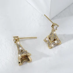 New Creative Romantic Alloy Rhinestone Paris Tower & Purple Zircon Flower Pendant Earrings For Girls Cute Couple Gift