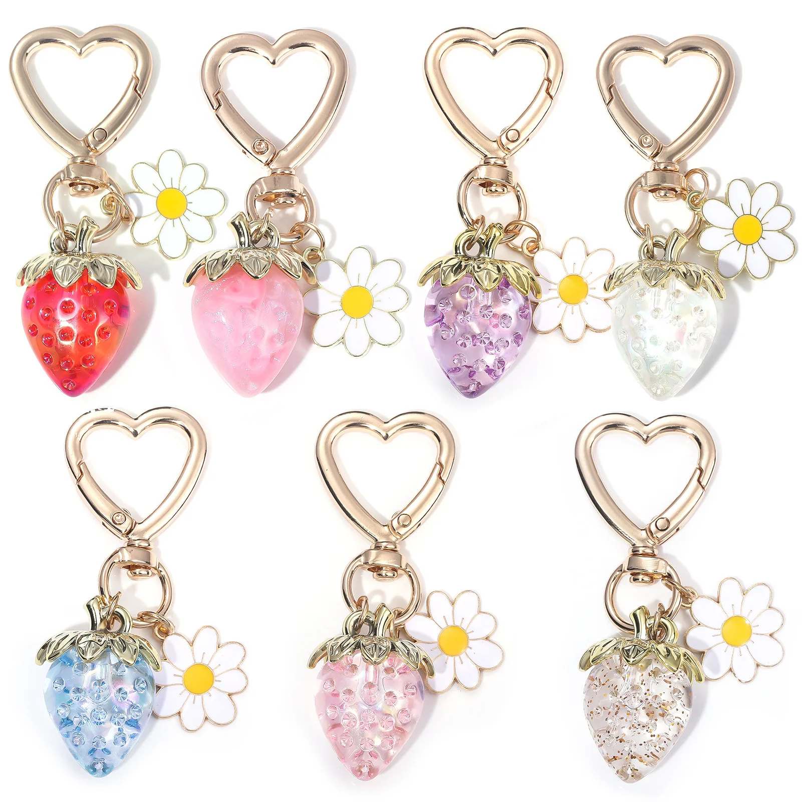 Creative Fashion Strawberry Daisy Light Luxury Keychain Cute Girl Sweetheart Strawberry Heart Keyring Bag Hanging Gift