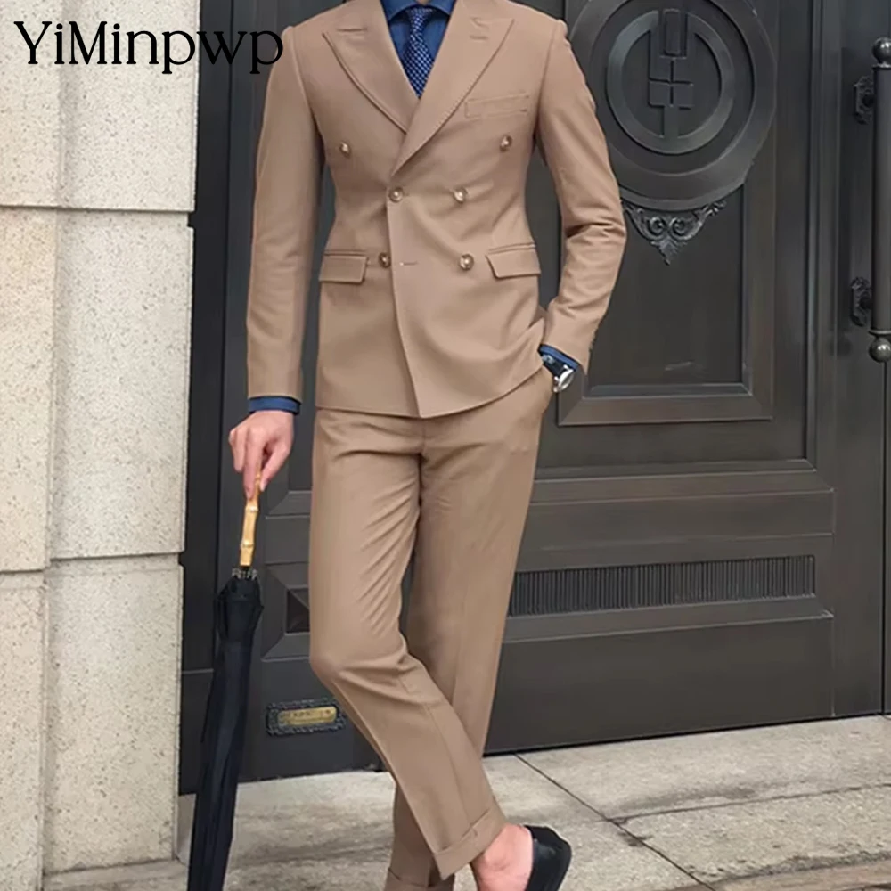 YiMinpwp Bruin Herenkostuums Piek Revers Linnen 2-delig Feest Schoolfeest Pak Lente Zomer Zakelijk Slim Fit Pak Herenkleding XS-5XL
