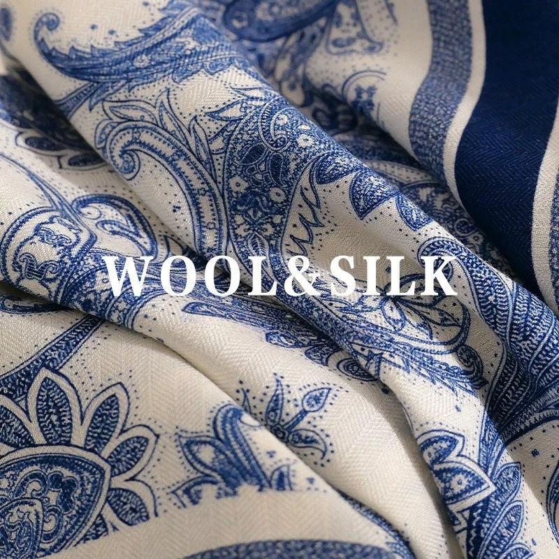 Blue Silk Wool Blend Scarf Two-tone Luxury Shawl Wrap, Warm Neck Scarf, New Winter Accessory, Elegant Stole Matching Overcoat